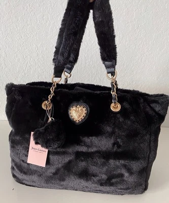 Bolso de Mano Juicy Couture Furry Friends Negro Regaliz Piel Sintética Viral Suave NUEVO Foto 1 de 4