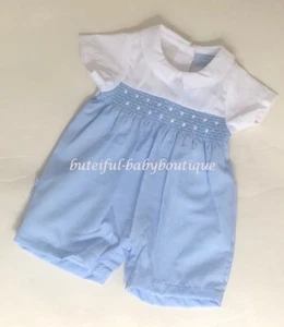 Baby Boys Sky Blue & White Short Romper Outfit Smocked Spanish Style - Picture 1 of 3