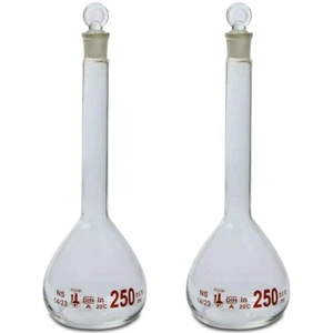 250ml Volumetric Flask, 3.3 Boro Glass, Class A, Ground Stopper, (8 Packs of 2) - Picture 1 of 1