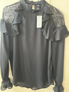 TopShop Beautiful Black Blouse With Lace Shoulders - Size 6 - Picture 1 of 2