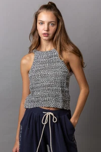 POL Clothing Women's Cropped Sleeveless Crochet Knit Top in Black - Picture 1 of 5