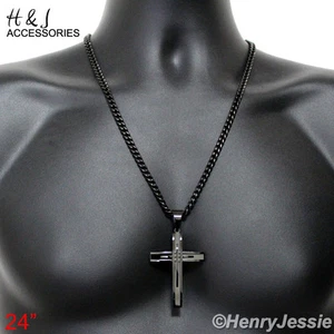 24"MEN's Stainless Steel 6mm Black Plated Cuban Curb Necklace Cross Pendant*BA11 - Picture 1 of 5