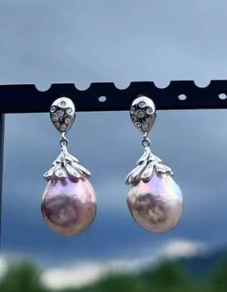 gorgeous 11-12mm south sea baroque lavender pearl dangle earring 925s(mm) - Image 1 of 4