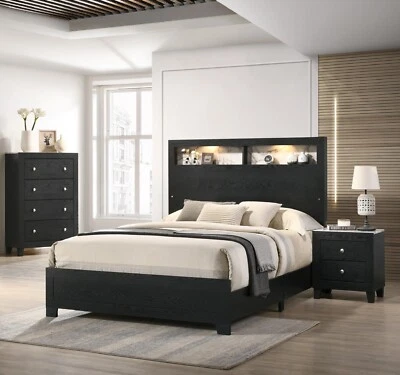 Moderno juego de mesita de noche de madera con panel queen de mármol blanco y negro de 3 piezas Foto 1 de 4