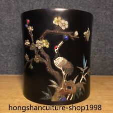 ebony wood Shoushan Stone shell flower Red-crowned crane brush pot pencil vase