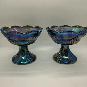 Pair Of Candle Holders Blue Indiana Carnival Glass Harvest Grape Iridescent - Picture 1 of 12