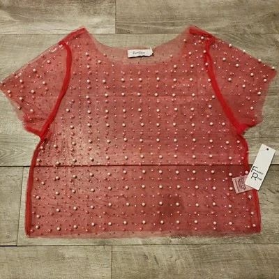 Blusa crop top júnior manga curta malha vermelha rosa desbotada transparente pérola cravejada tamanho X-grande - Imagem 1 de 4