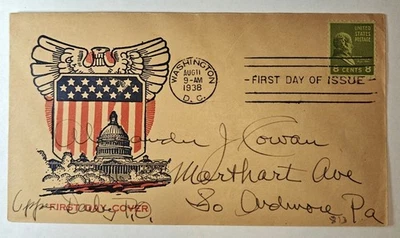 US COVER #813 UNLISTED MYRON MCCAMLEY 1938 FDC Prexie  Patriotic - Image 1 of 3