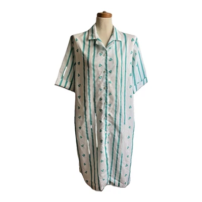 Vintage 80s Blair Shirt Dress Cotton Short Sleeve Abstract Aqua White 16 Large - Image 1 of 4