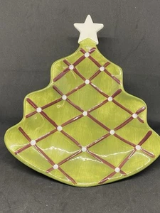 Pottery Barn Green Ceramic Season's Greetings Christmas Tree Plate Dish - Picture 1 of 4