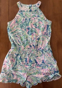 Lilly Pulitzer Girl's Romper Blue Floral Size L 8 10 One Piece Shorts Top Cotton - Picture 1 of 3