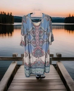 Roz & Ali Womens Size 16 Dress Paisley 3/4 Slit Open Sleeve Shift Mach Wash Knit - Picture 1 of 11