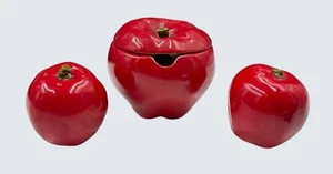 Vintage Apple Salt Pepper Shakers w/ Condiment Jar Red Ceramic Kitchen Set - Picture 1 of 7