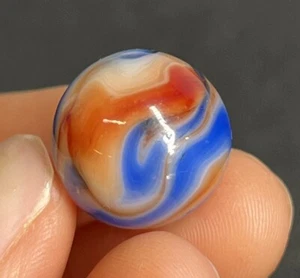 Vintage Akro Agate Peltier Christensen Glass Blue Orange Swirl Marble 0.65” - Picture 1 of 9