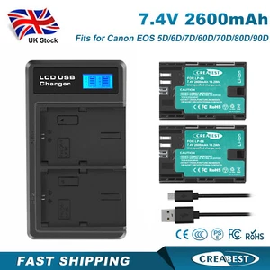 2Pcs LP-E6 LP-E6N Battery & Dual Charger For Canon EOS 70D 7D 60D 5D Mark II III - Picture 1 of 12