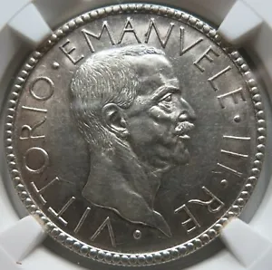 ITALY 20 lire 1928 NGC AU 58 UNC Seated Roma Silver King Vittorio Fascist Graded - Picture 1 of 3