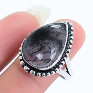 Black Rutile Quartz Gemstone Handmade Ethnic Silver Jewelry Ring Size 8 RRJ16910 - Picture 1 of 4