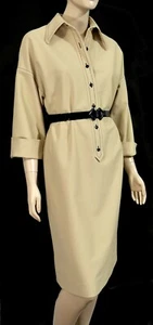 Vintage 70s Dog Ear Fred Rothschild Beige Shirt Shift Dress L Rockabilly Mod - Picture 1 of 6