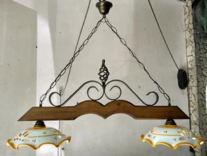 BILANCIERE lampadario RUSTICO ferro battuto CERAMICA e LEGNO country taverna - Foto 1 di 6