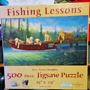New 500 pc puzzle 15 x 29 "Fishing Lessons" Puppies Art By Terry Doughty -Sealed - Photo 1/3