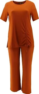 IMAN Comfy Chic Soft Ribbed Knit Top Pant Set SADDLE BROWN M Petite NEW (793) - Picture 1 of 8