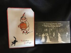 Antique/Vintage lot of 2 Halloween Cards: Pumpkin Black Cat Photo