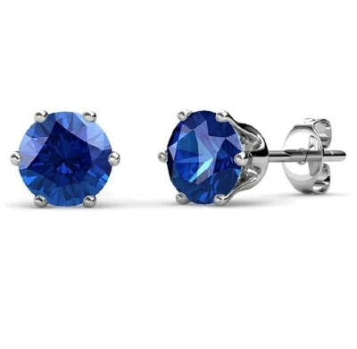 White gold finish round cut blue sapphire 4mm stud earrings free postage giftbox - Image 1 of 2