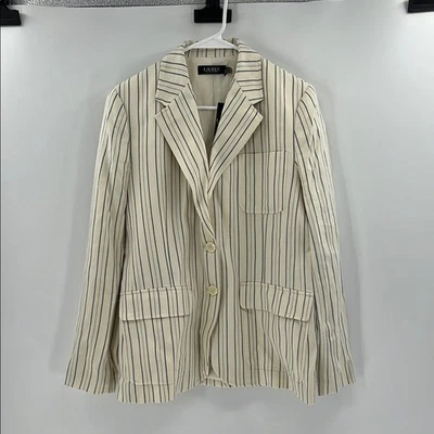 Lauren Ralph Lauren 女式 2 按钮亚麻混纺西装外套 - 奶油色多种 - 14 - 全新带标签 — 第 1/4 张图片