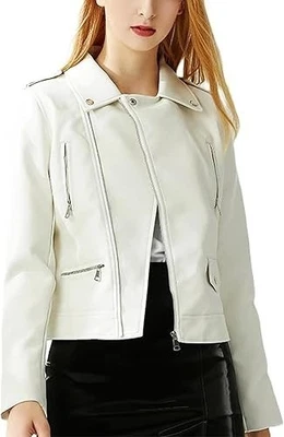 Women’s White Real Leather Jacket Slim Fit Classic Stylish Zip Up Casual Coat - Image 1 of 4