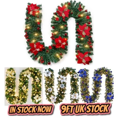 BRIGHT & HOMELY 9FT Pre Lit Christmas Garland with Lights Door Wreath Xmas Fireplace Decor LED