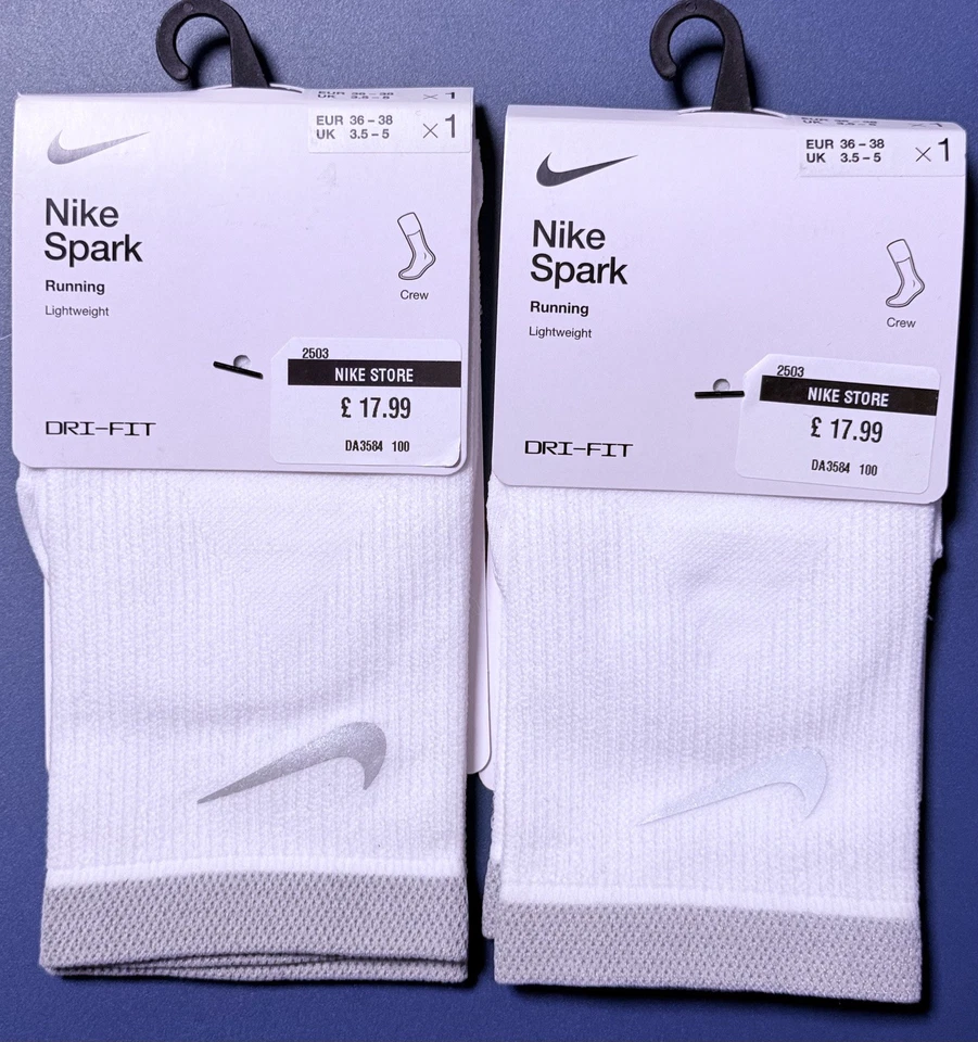 2 PACK Nike SPARK Lightweight Crew Running Gym Socks DA3584-100 UK size  3.5 - 5 - Image 1 of 4
