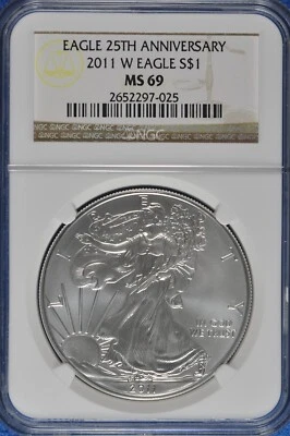 2011 W Burnished 1 OZ Silver American Eagle NGC MS 69 25th Anniversary - Image 1 of 2