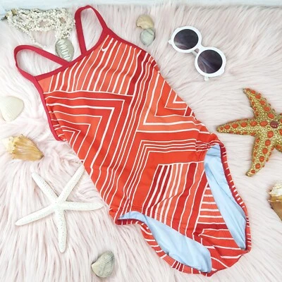 NIKE CUT OUT MUJER TALLA 4 TALLA PEQUEÑA TRAJE DE BAÑO DE UNA PIEZA RAYAS ROJO NARANJA BLANCO Foto 1 de 4