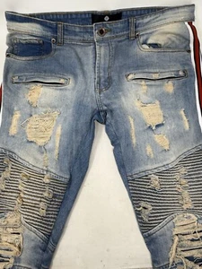 Pantalones de mezclilla Focus Moto Racing elásticos rasgados desgastados rojos rayas laterales para hombre talla 36x32 - Imagen 1 de 8