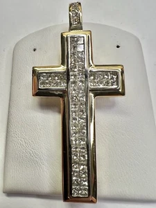 Princess Diamond Cross pendant 18k Yellow Gold 4.00ctw invisible set VS H 2.5” - Picture 1 of 9