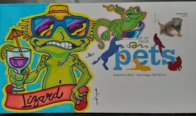 2016 PETS- Iguana First Day Cover ~ Hand Drawn Colored 1/1~ Lizard 🦎  - Image 1 of 2
