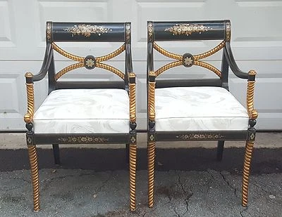 PAIR FOURNIER STYLE HOLLYWOOD REGENCY EBONIZED PARCEL GILT CARVED ROPE LEG CHAIR - Image 1 of 4