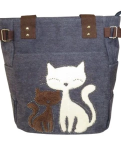 Blue Denim Tote Handbag Purse with Plush Cats Double Handles Zip Closure - Picture 1 of 12