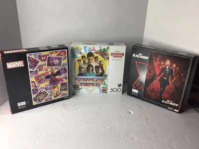 Buffalo Puzzles 500 Lote de 3 Marvel Spider-Man, Viuda Negra y Stranger Things Foto 1 de 4