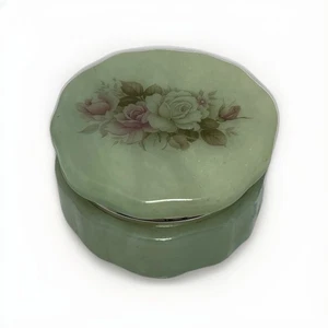 Vintage Genuine Alabaster Jewelry Trinket Box Made In Italy Small Round Roses - Picture 1 of 3