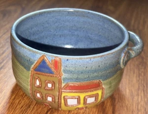 Mudworks USA Pottery Bowl Planter with Handle Blue /Green Pattern Village House - Picture 1 of 7