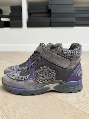 Auténticas Zapatillas Chanel Gris Gamuza Cuero Tweed Logo CC Parte Superior Alta EU 38,5 US 8 Foto 1 de 4