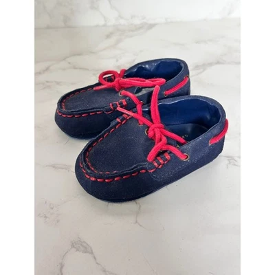 Cole Haan Grand.OS Blue Suede Baby Moccasins Red Laces Size 2 Infant - Image 1 of 4