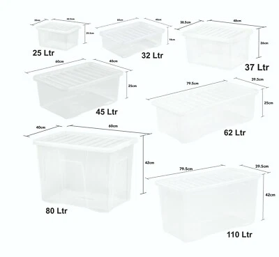 Clear Plastic 25L/32L/37L/45L/62L/80L/110L Crystal Storage Box with Lid Multi Us - Image 1 of 4
