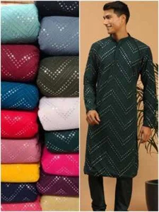 Green Embroidered KURTA ONLY, Indian Sequins Chikenkari Kurta For Men - Picture 1 of 6