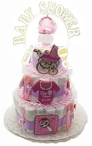 pins pacifiers rattles - pink Colorful Baby Shower Diaper Cake Kit for a 3 tier - Picture 1 of 3