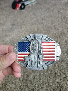Bergamot Patriotic USA Flag Cowboy Rope Saddle Scrolled Pewter belt buckle K-256 - Picture 1 of 6