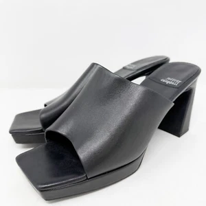 Jeffrey Campbell Black Leather Square Peep Toe Platform Mule Heels Size 10 Retro - Picture 1 of 10