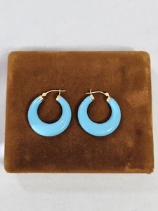14K 585 Yellow Gold & Bright Baby Blue Resin Hoop Earrings Stylish Tiffany Blue - Picture 1 of 6