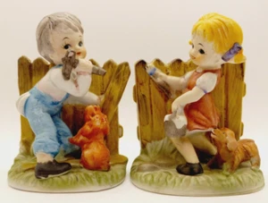 Pair Vintage Girl Painting & Boy Mending Fence Figurines by FBIA Made in Taiwan - Picture 1 of 9